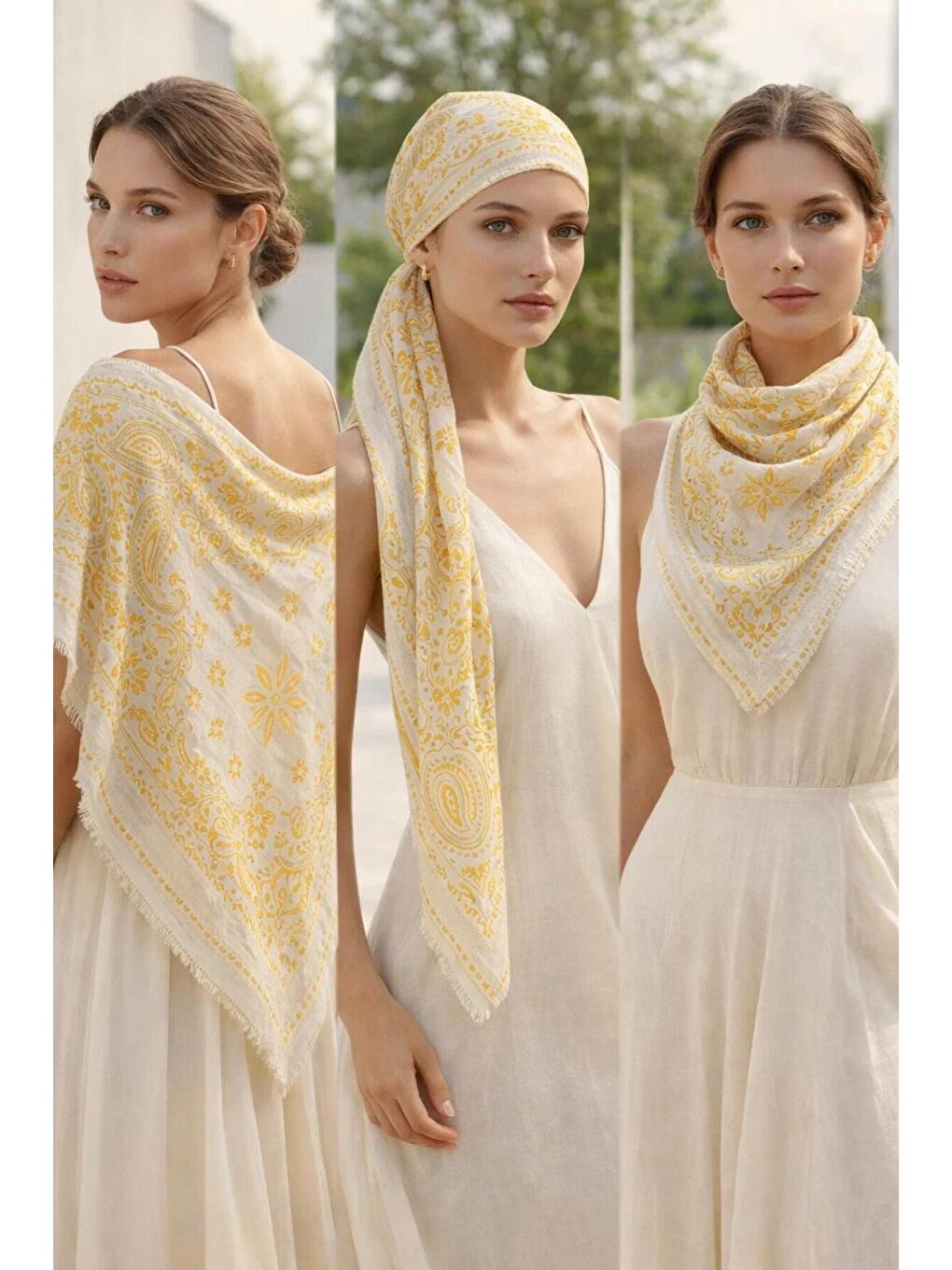 Kadın Sarı Etnik Desenli Bohem Üçgen Şal Bandana 110x110 cm SAL1400-1