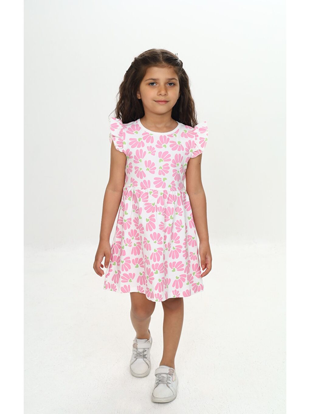 Pembe Kız Çocuk Çiçek Baskılı Elbise