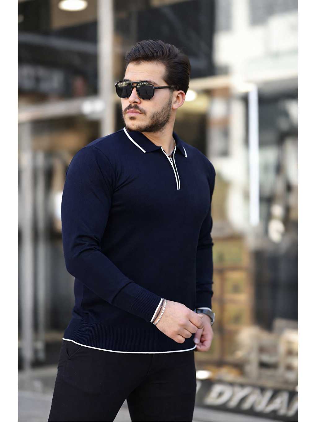 Lacivert Fermuar Yaka Çizgi Detaylı Erkek Kazak-1