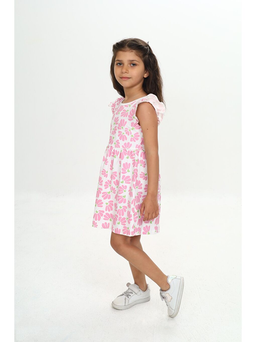 Pembe Kız Çocuk Çiçek Baskılı Elbise-1
