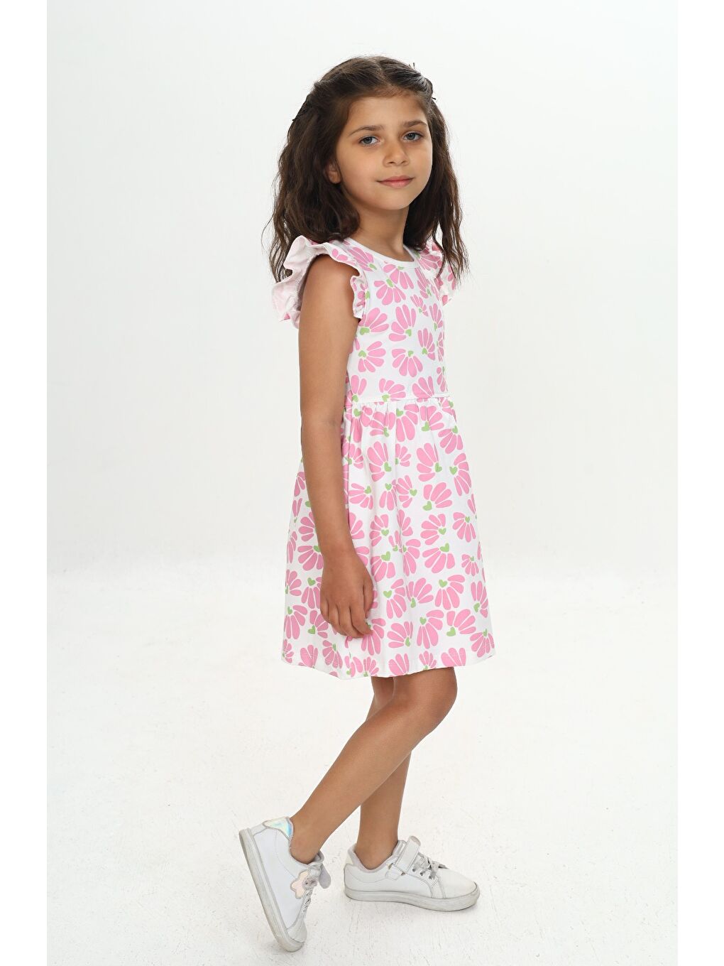 Pembe Kız Çocuk Çiçek Baskılı Elbise-2