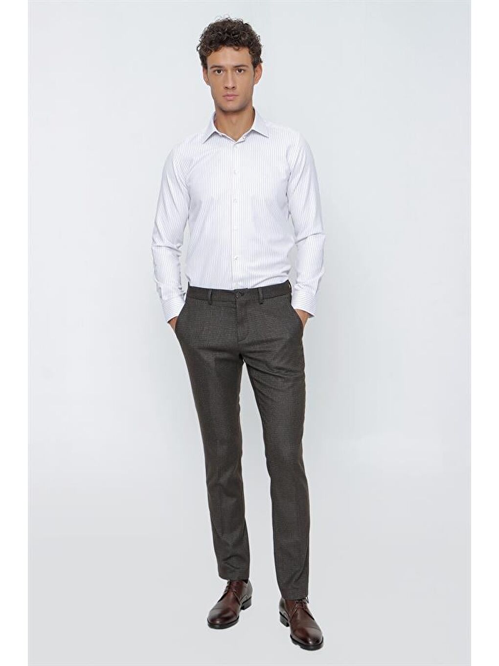 Koyu Kahverengi Esnek Yandan Cepli Classic Slim Fit Erkek Pantolon 1003225168-1