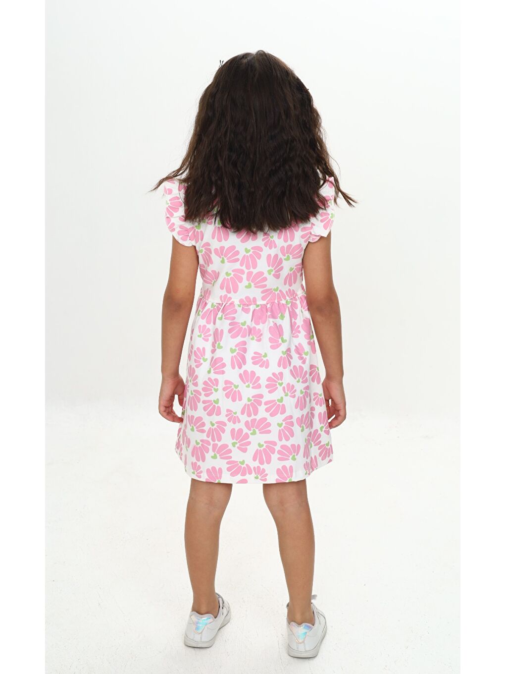 Pembe Kız Çocuk Çiçek Baskılı Elbise-3