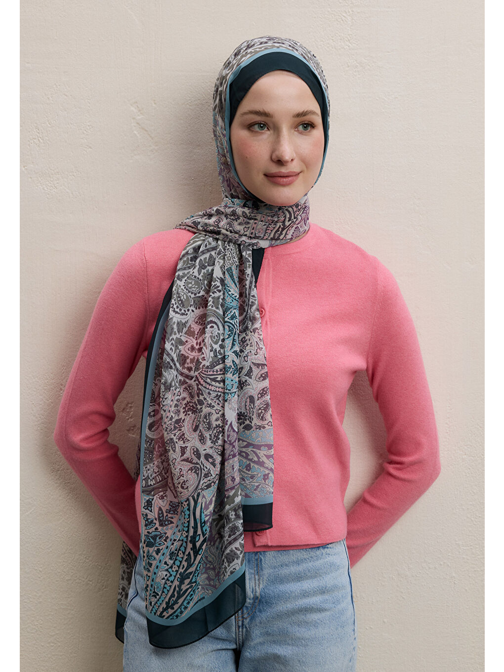 Paısley Patch Desen İpek Krep Şal Petrol