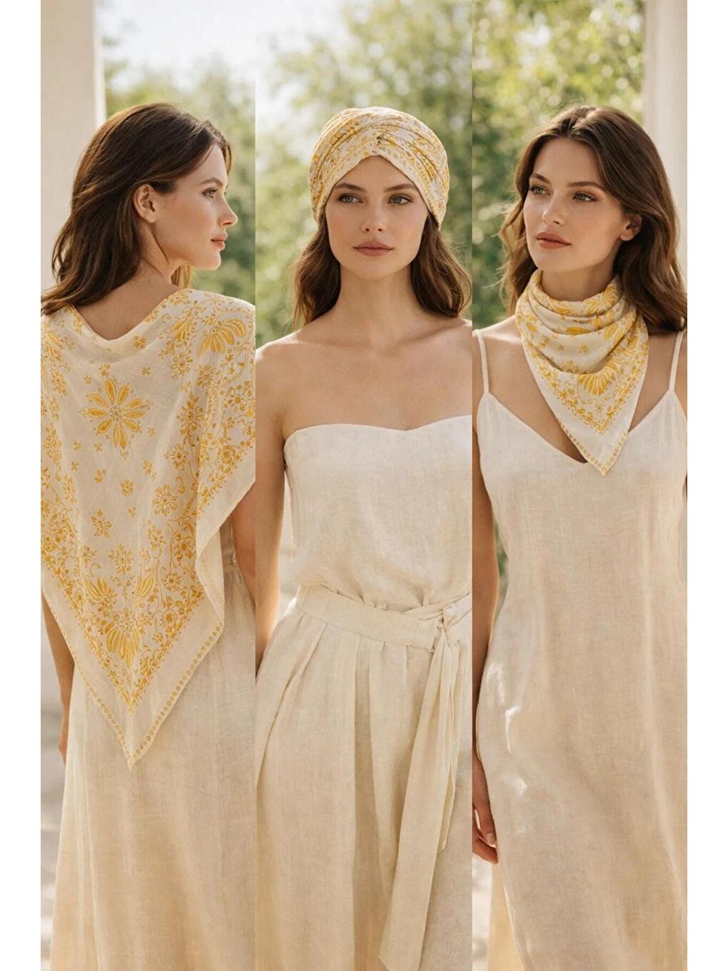 Kadın Sarı Etnik Desenli Bohem Üçgen Şal Bandana 110x110 cm SAL1400-2