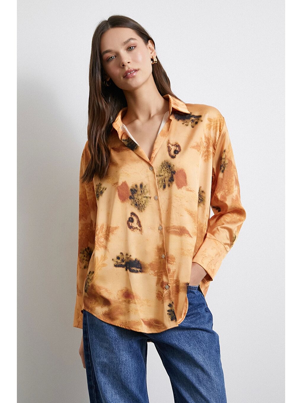 Pembe V Yaka Desenli Gömlek Somon-4