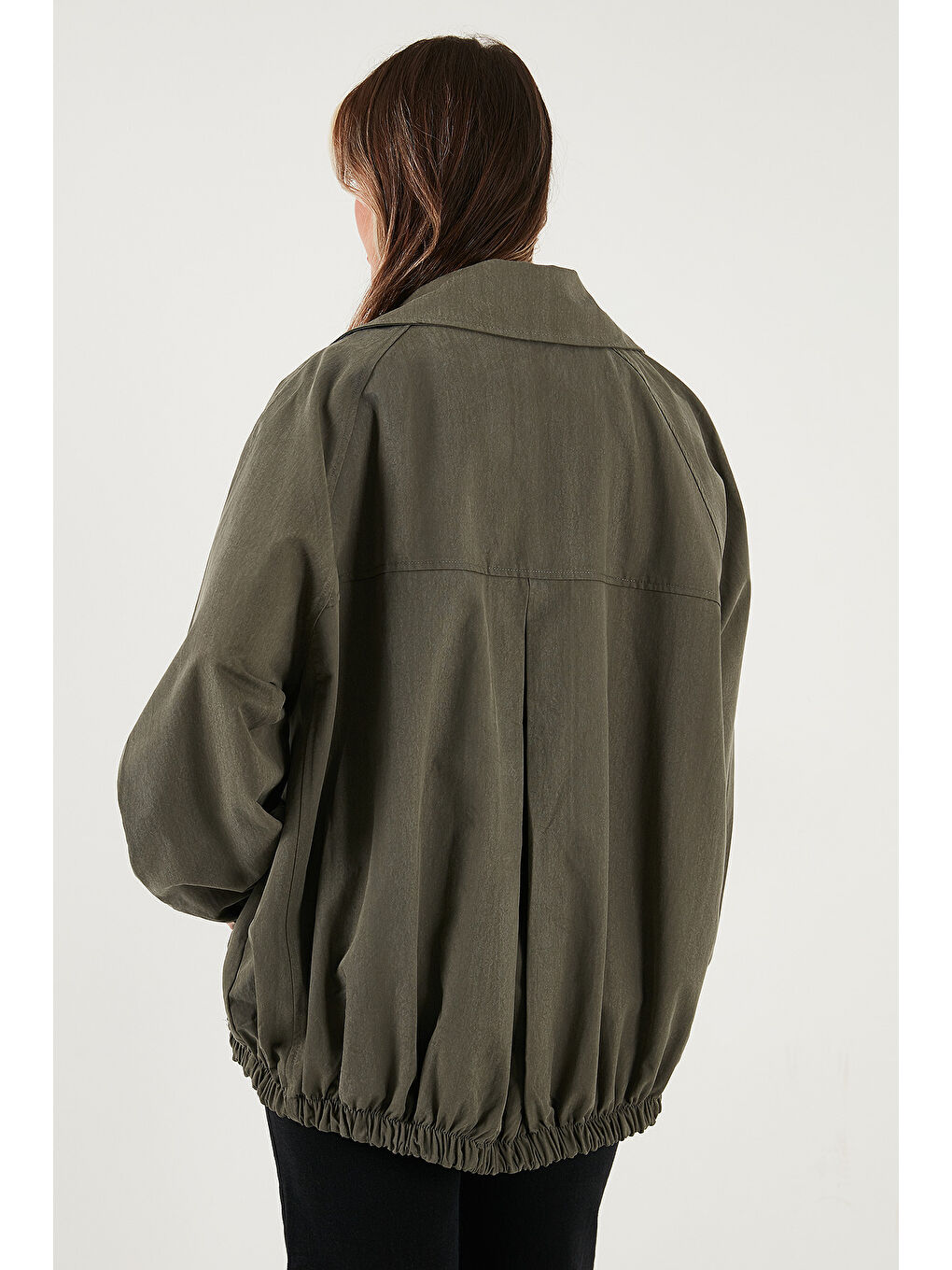 Haki Pamuk Karışımlı Oversize Ceket Yaka Düğmeli Kısa Trençkot 6839627-4