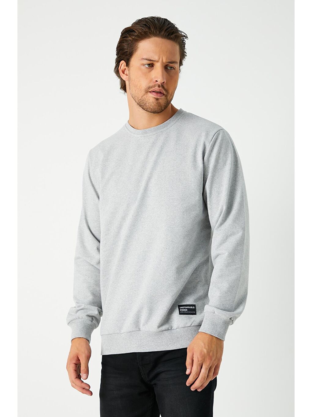 Erkek Gri Basic Bisiklet Yaka Büyük Beden Sweatshirt-2