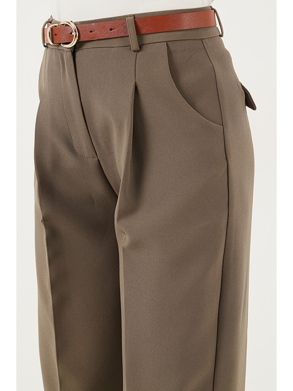 Haki Regular Fit Yüksek Bel Düz Paça Kemerli Pantolon 68350938-5