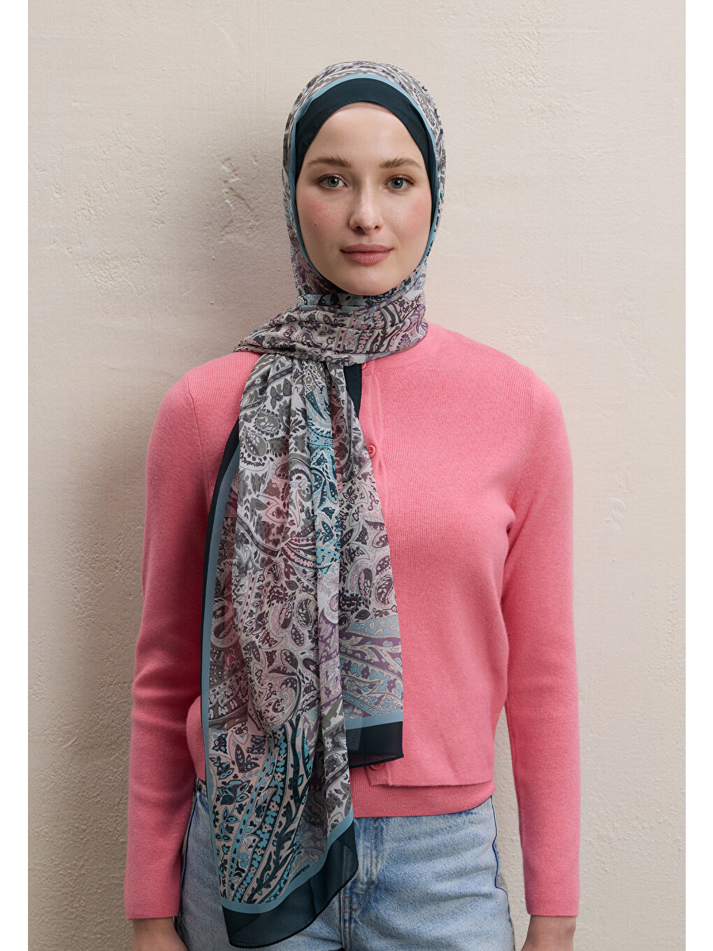 Paısley Patch Desen İpek Krep Şal Petrol-1