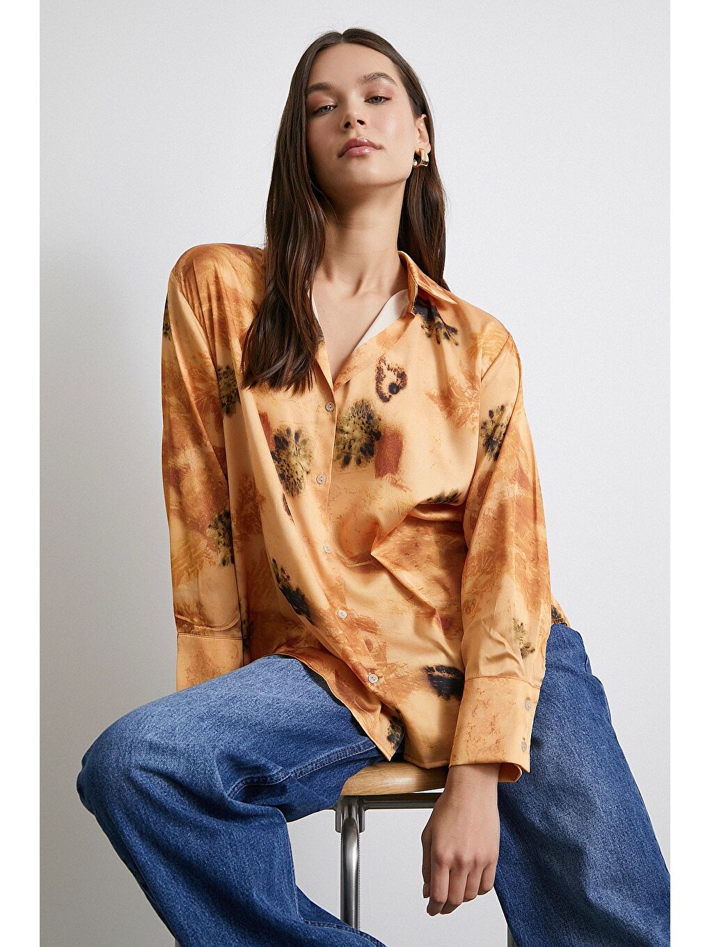 Pembe V Yaka Desenli Gömlek Somon-5