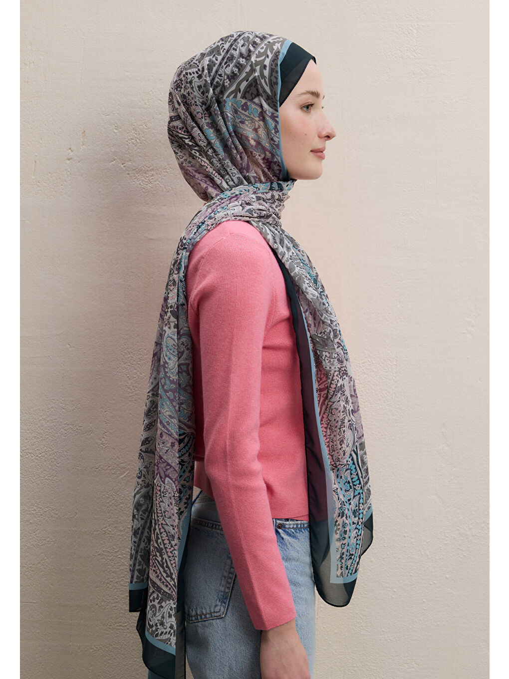 Paısley Patch Desen İpek Krep Şal Petrol-2