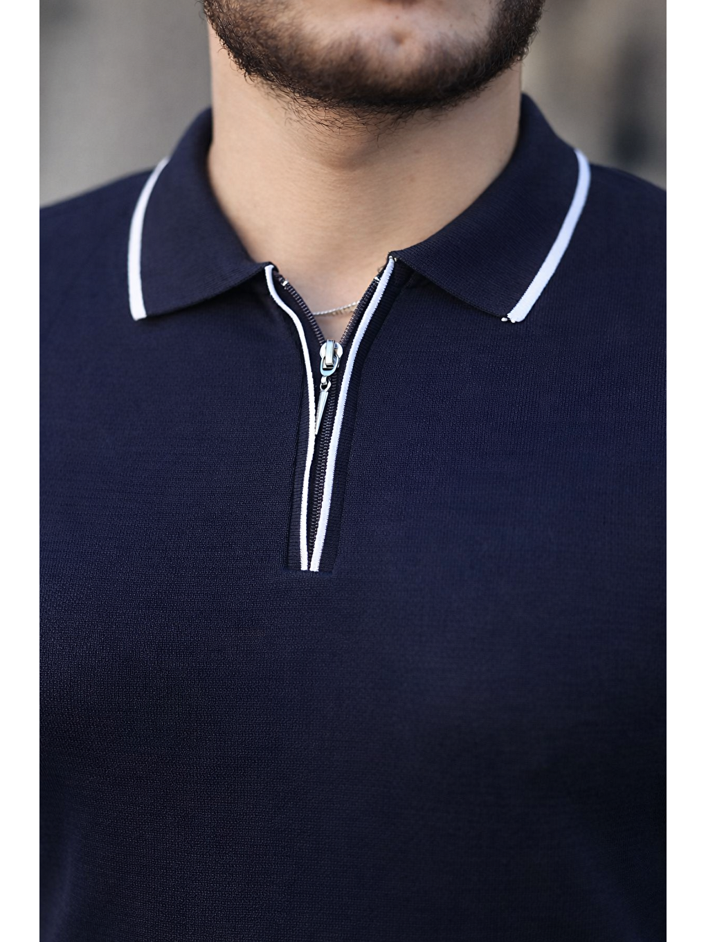 Lacivert Fermuar Yaka Çizgi Detaylı Erkek Kazak-2