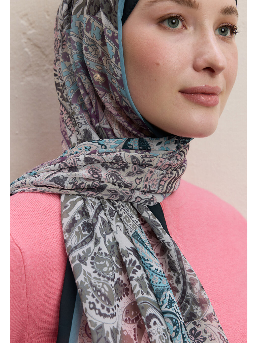 Paısley Patch Desen İpek Krep Şal Petrol-3