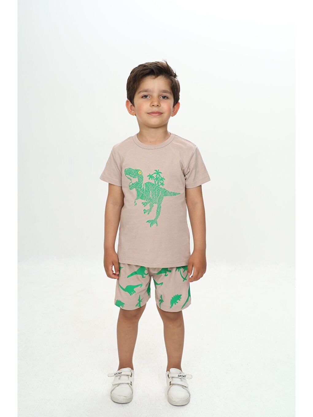 Bej Erkek Çocuk Kabaran Dinozor Baskılı Şortlu Takım