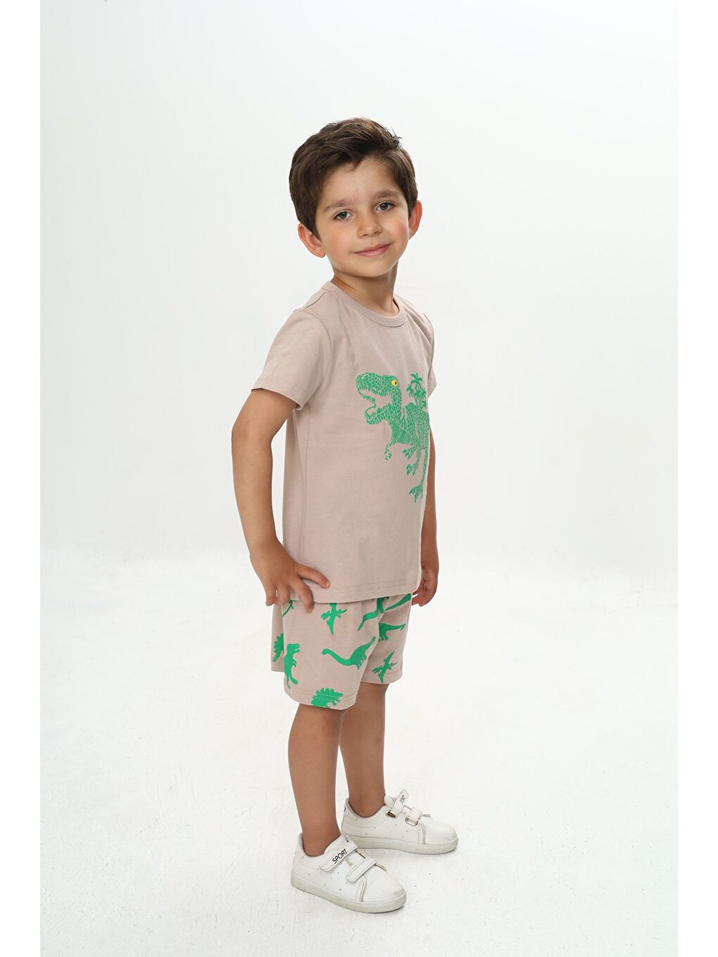 Bej Erkek Çocuk Kabaran Dinozor Baskılı Şortlu Takım-1