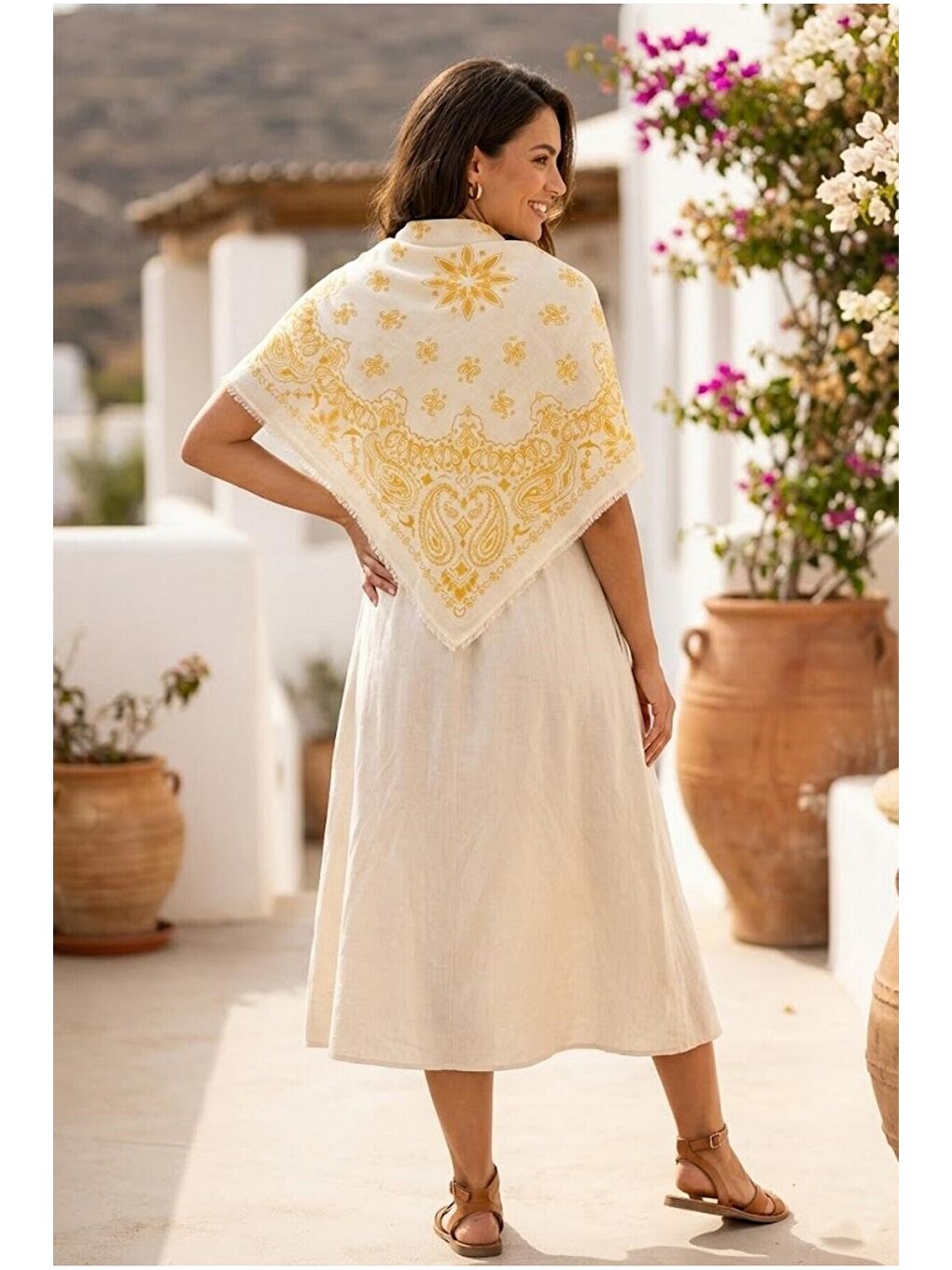 Kadın Sarı Etnik Desenli Bohem Üçgen Şal Bandana 110x110 cm SAL1400-3