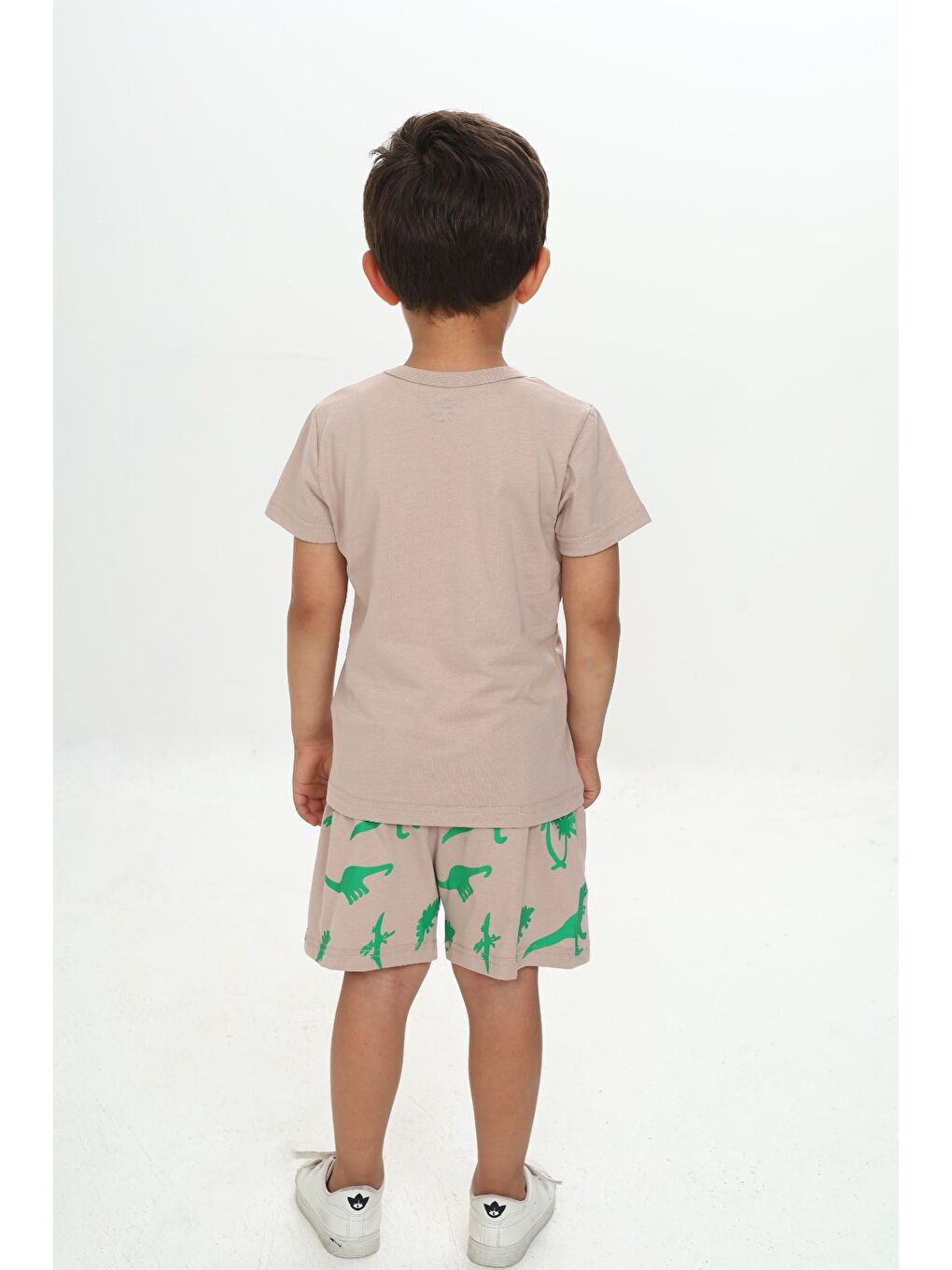 Bej Erkek Çocuk Kabaran Dinozor Baskılı Şortlu Takım-2
