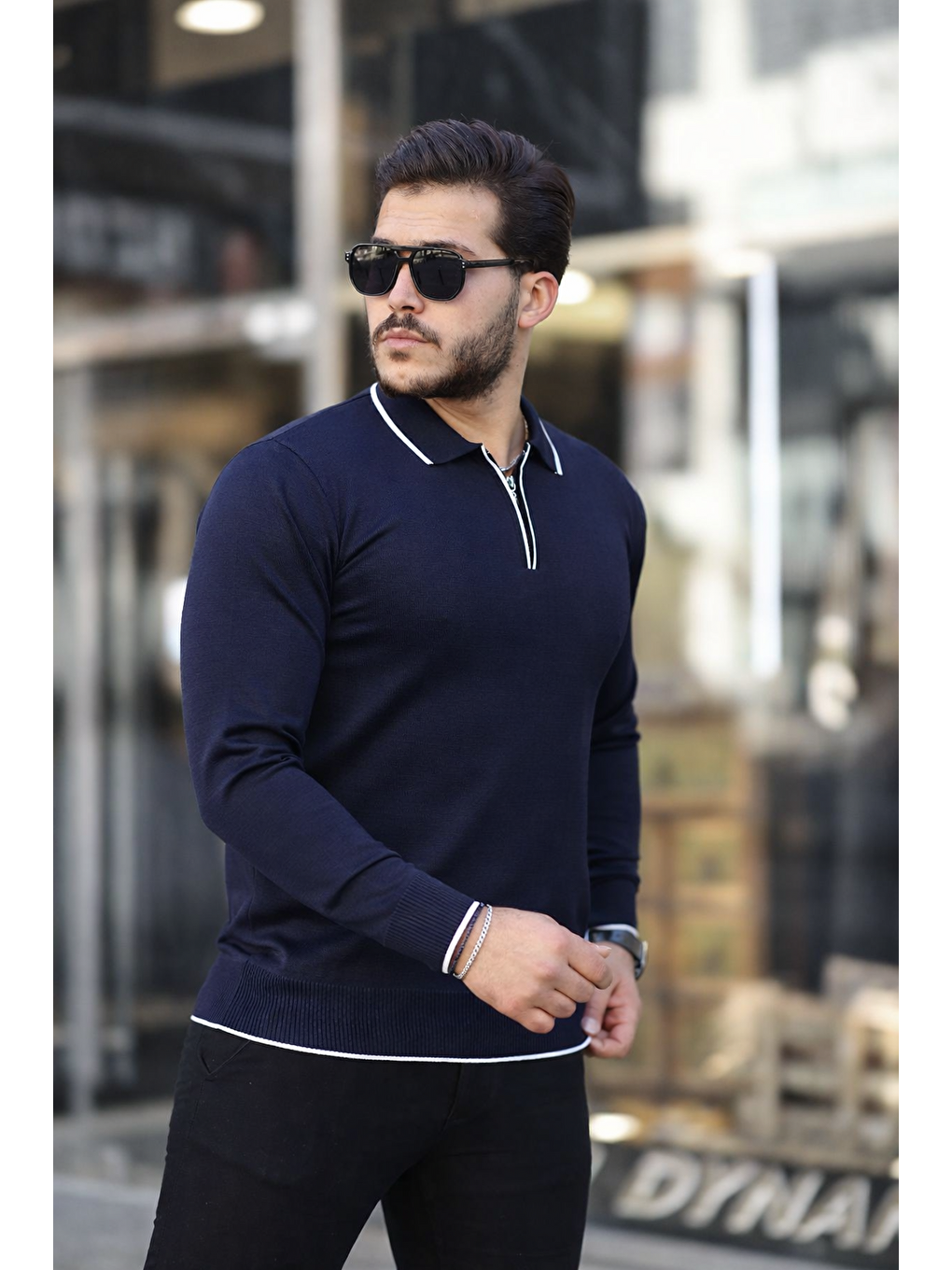 Lacivert Fermuar Yaka Çizgi Detaylı Erkek Kazak-3