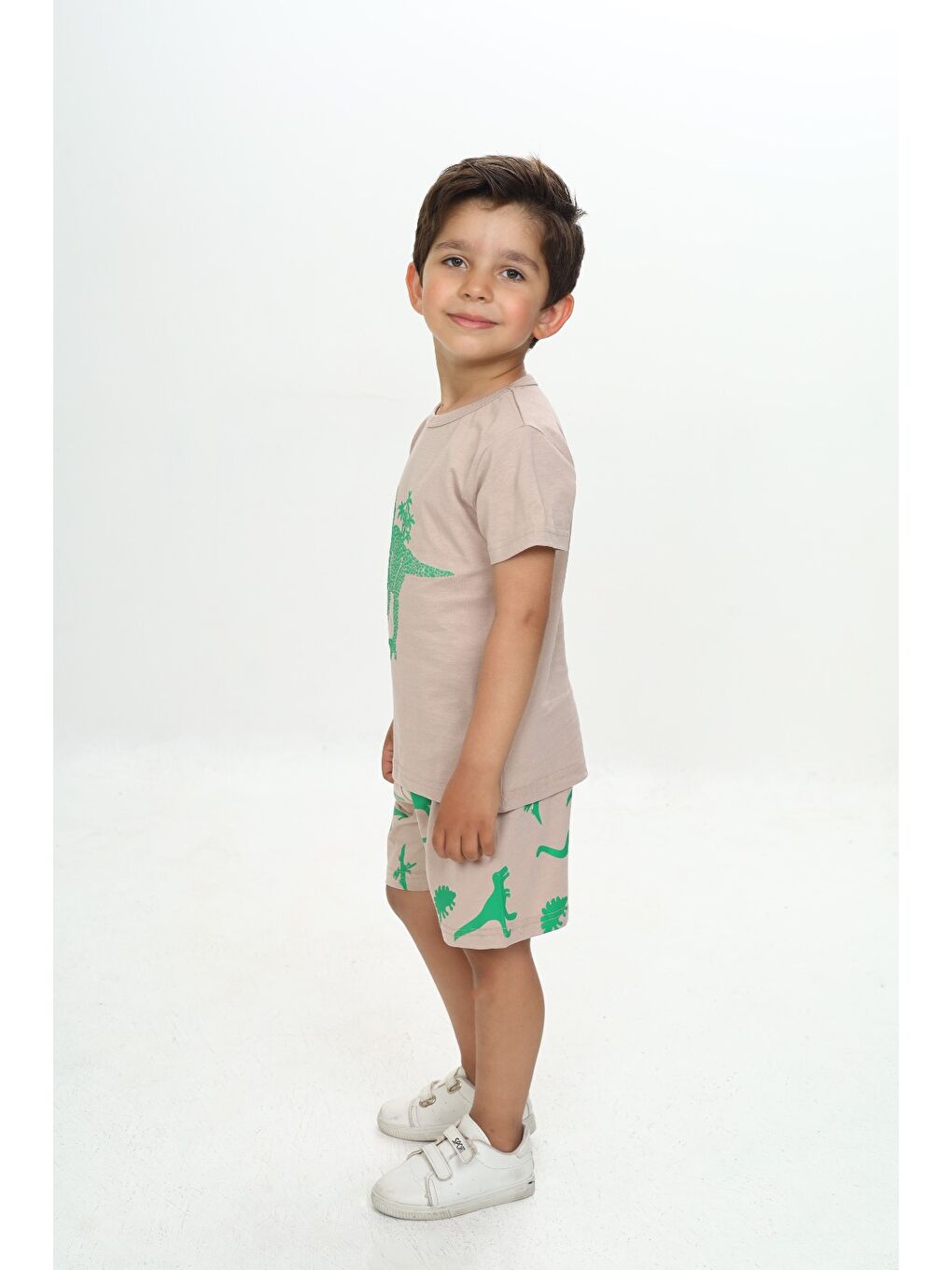 Bej Erkek Çocuk Kabaran Dinozor Baskılı Şortlu Takım-3