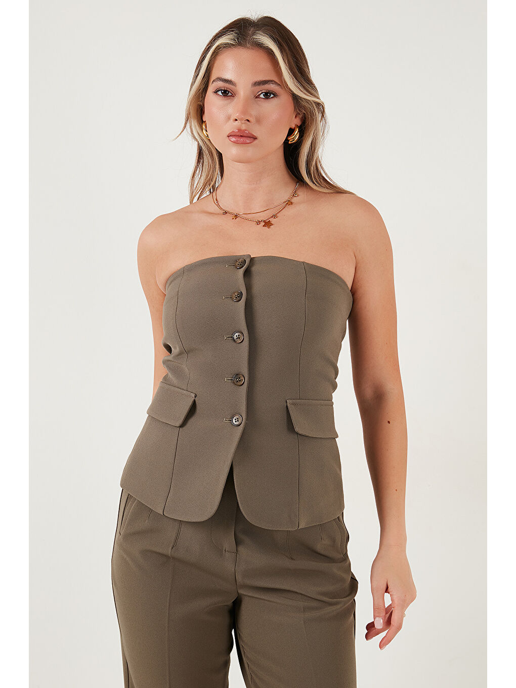 Haki Regular Fit Straplez Yaka Düğmeli Yelek 6839611-2