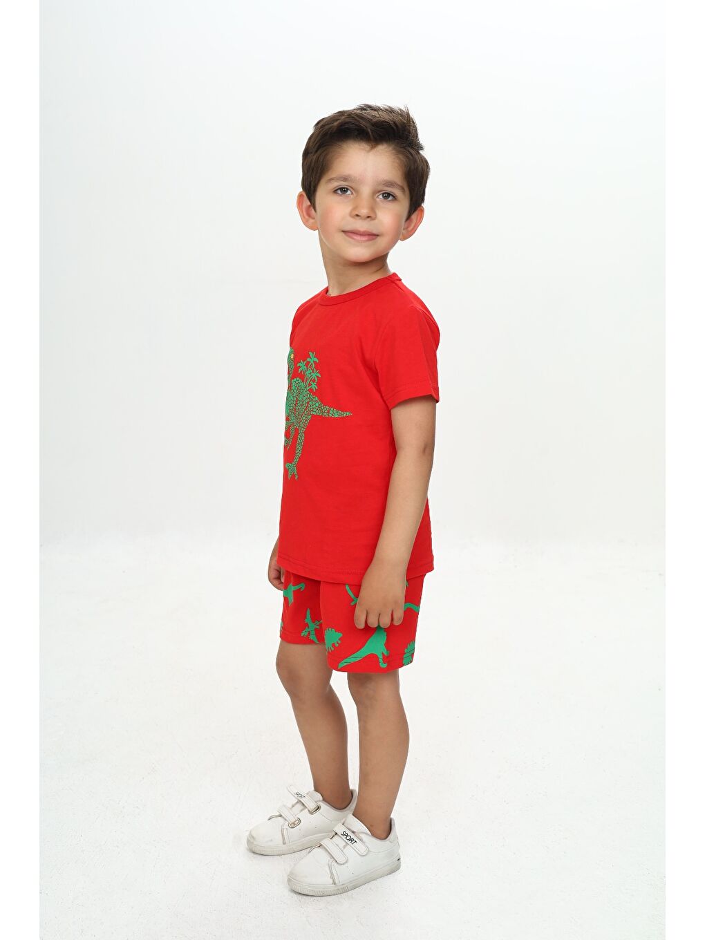 Kırmızı Erkek Çocuk Kabaran Dinozor Baskılı Şortlu Takım-1