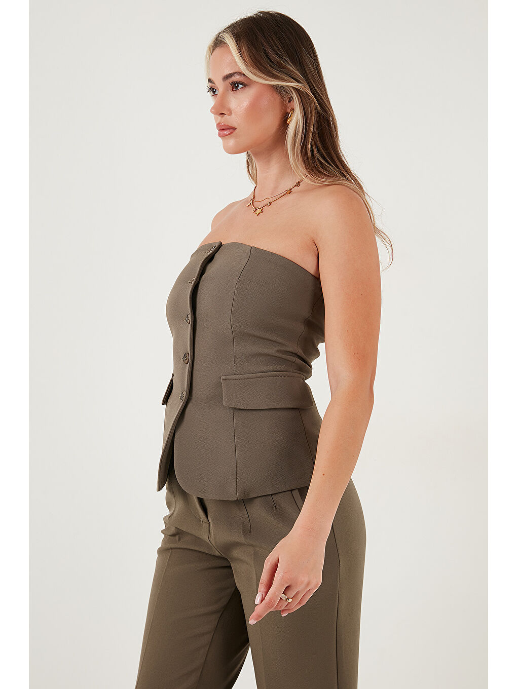 Haki Regular Fit Straplez Yaka Düğmeli Yelek 6839611-3