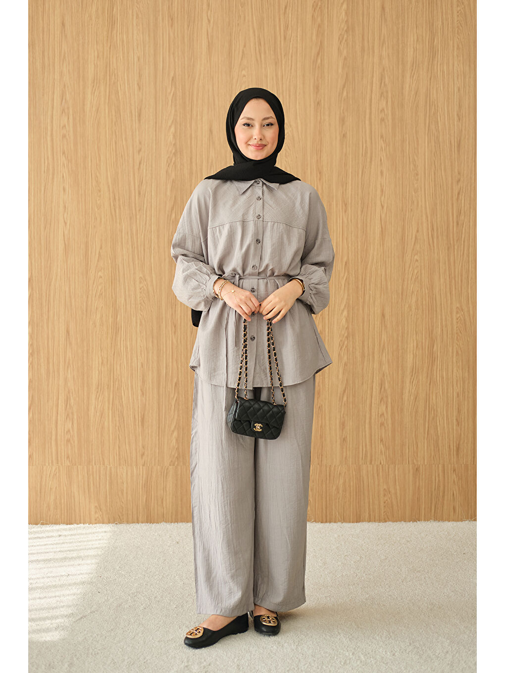 Kadın Kırışık Desen Bel Bağlamalı Gömlek Yaka Takım Gri-1