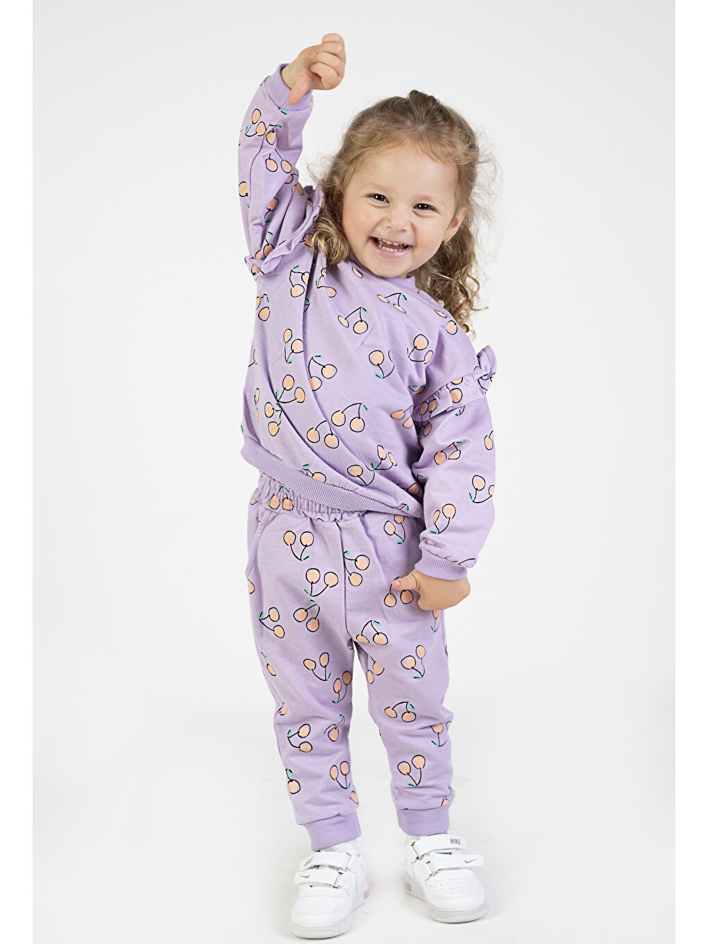 Lila Kız Bebek&çocuk İki İplik Kumaş Kiraz Desenli Orta Kalınlıkta Örme Basic Oversize Alt Üst Eşofman Ta