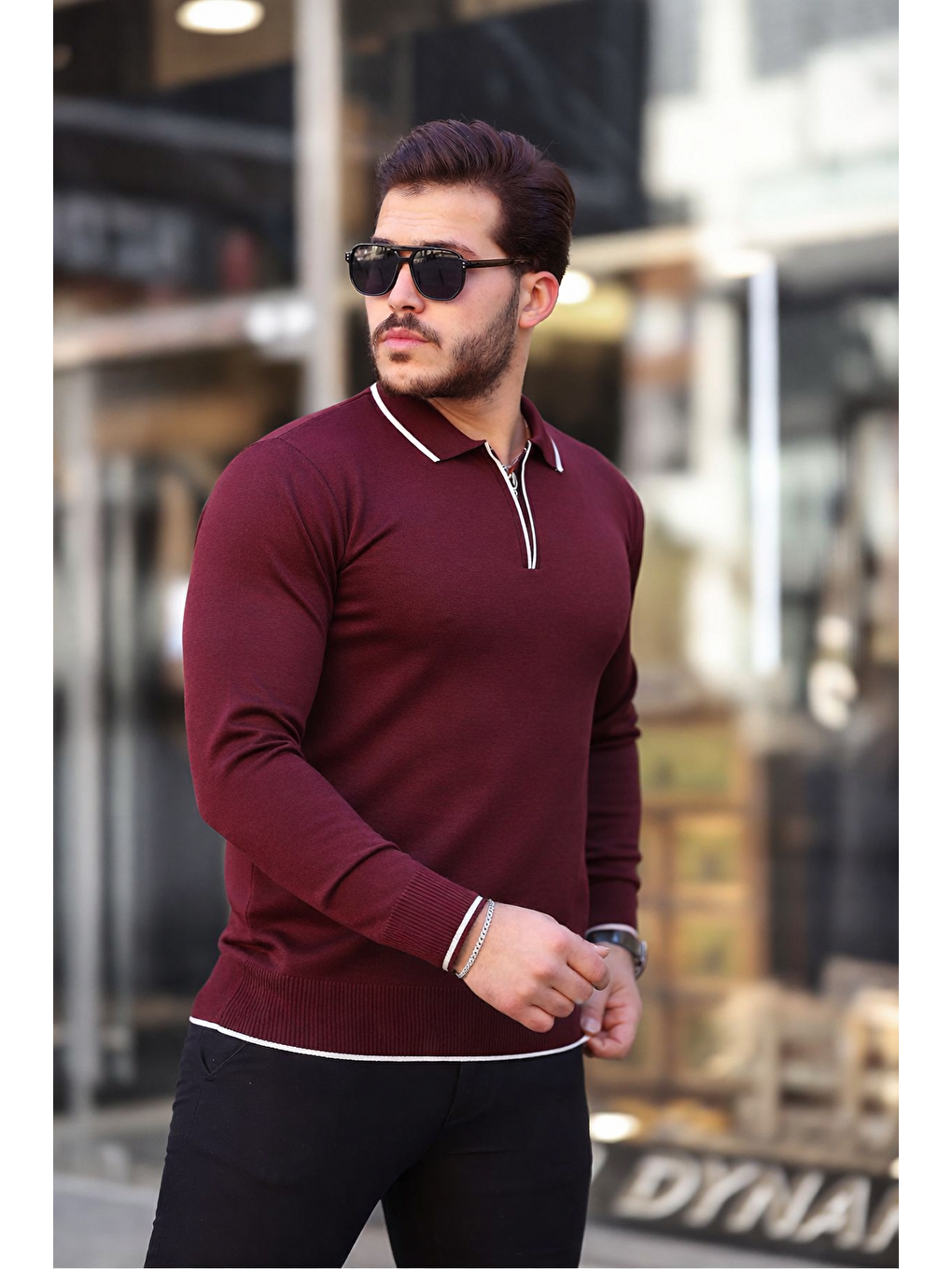 Bordo Fermuar Yaka Çizgi Detaylı Erkek Kazak-1