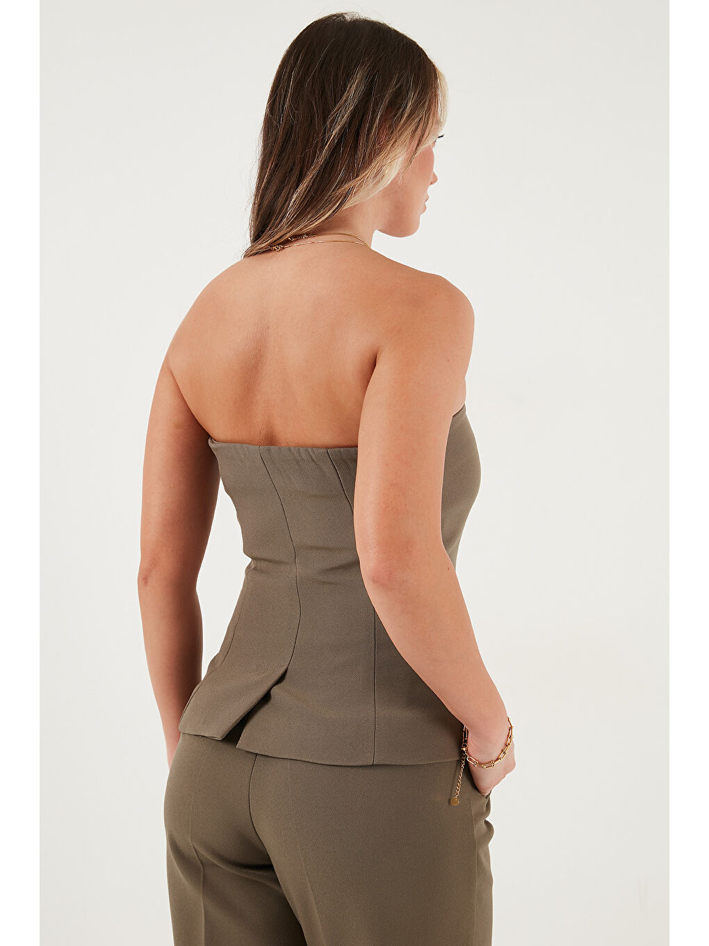 Haki Regular Fit Straplez Yaka Düğmeli Yelek 6839611-5