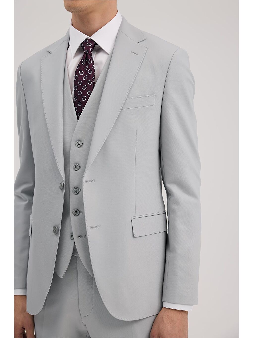 Gri Slim Fit Mono Yaka Çift Yırtmaçlı Yelekli Takım Elbise-2