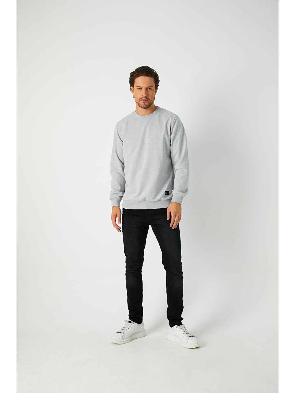 Erkek Gri Basic Bisiklet Yaka Büyük Beden Sweatshirt-4