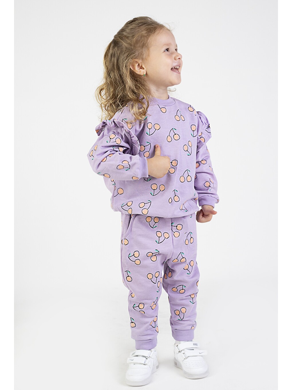 Lila Kız Bebek&çocuk İki İplik Kumaş Kiraz Desenli Orta Kalınlıkta Örme Basic Oversize Alt Üst Eşofman Ta-1