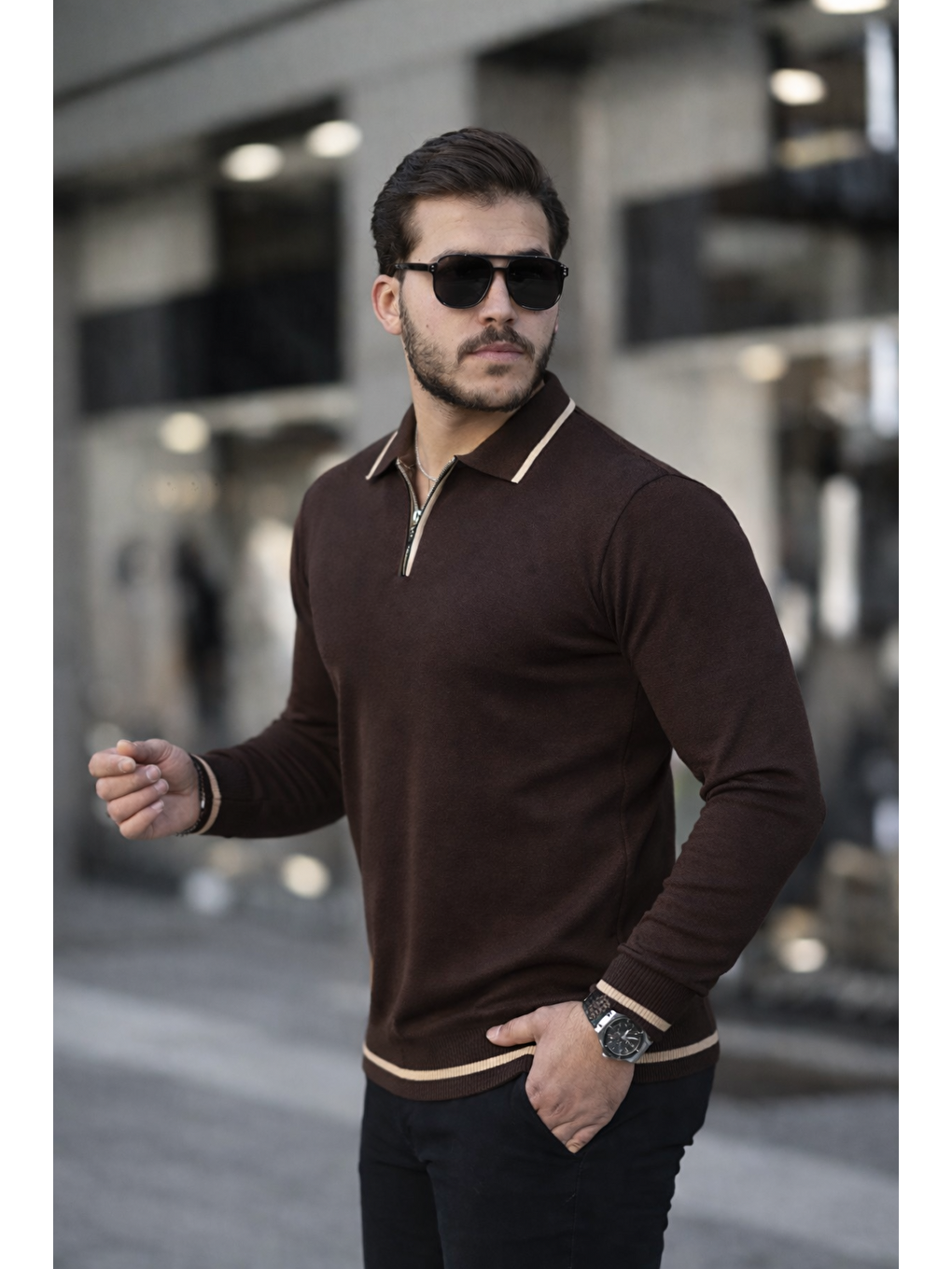 Kahverengi Fermuar Yaka Çizgi Detaylı Erkek Kazak-1