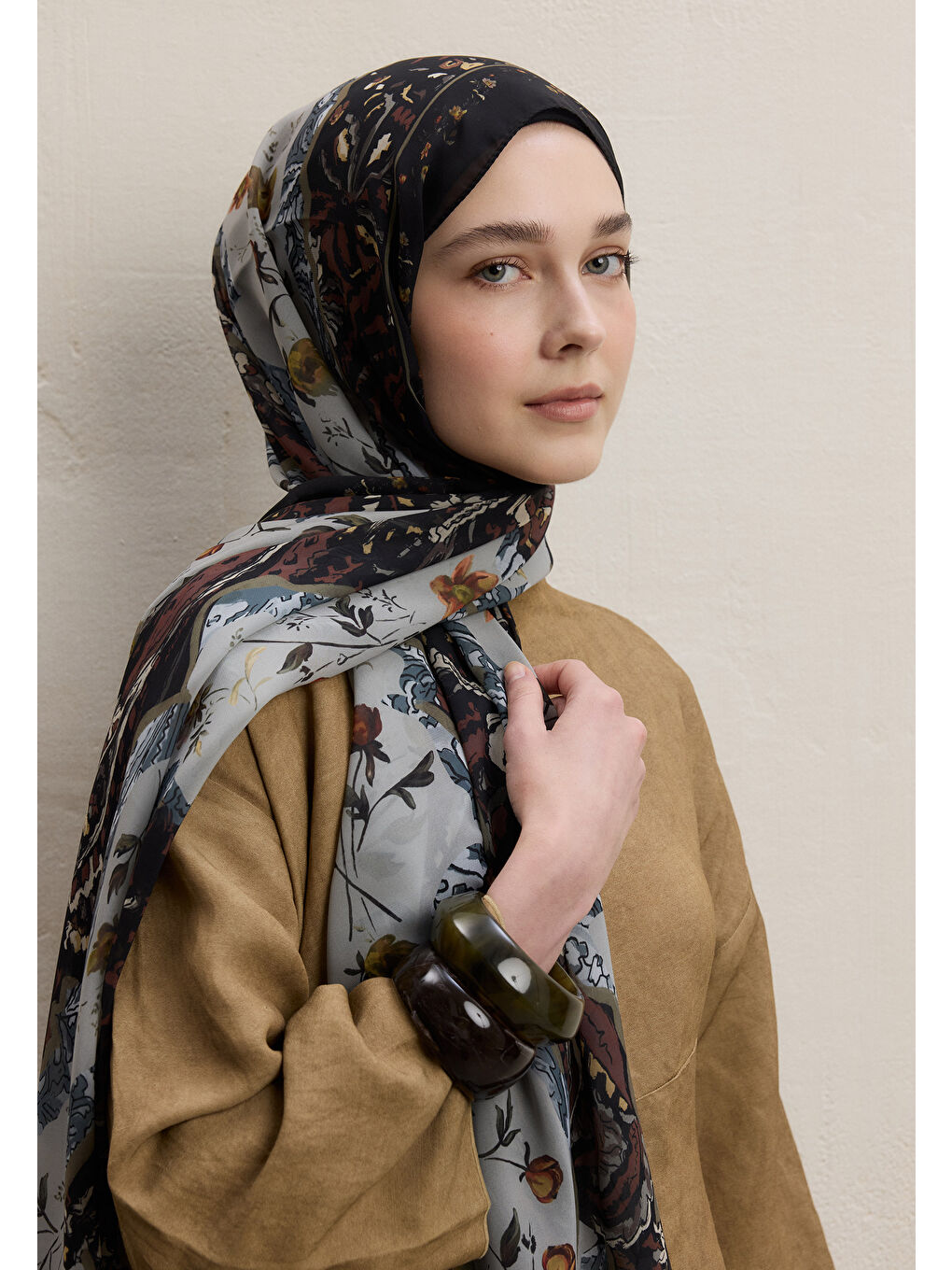 Kahverengi Alıza Desen İpek Krep Şal Acı Kahve