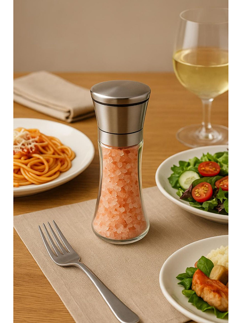 Renksiz Cam Gövdeli Metal Krom Renk Kapaklı Tuz Karabiber Öğütücü 19 cm 2 Adet-1
