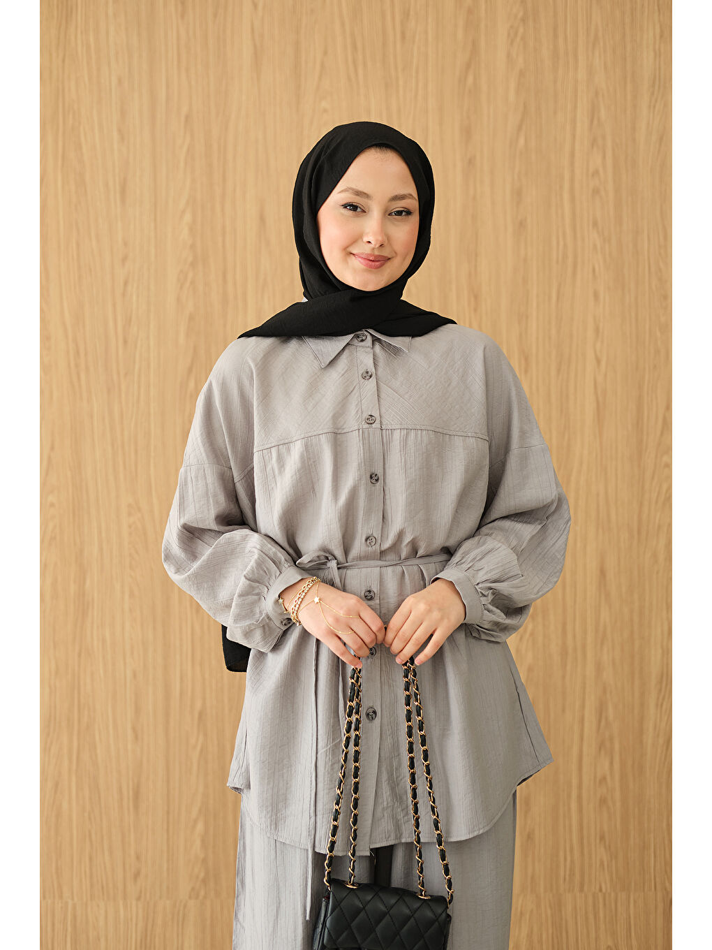 Kadın Kırışık Desen Bel Bağlamalı Gömlek Yaka Takım Gri-2