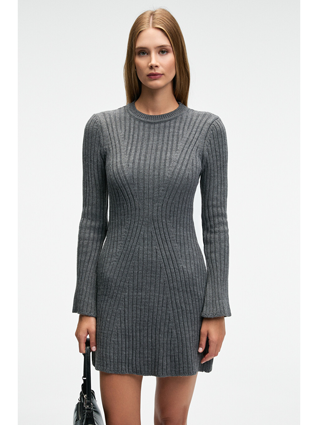 Encanto Kadın Yuvarlak Yaka Çizgi Desenli Slim Fit Antrasit Elbise-1