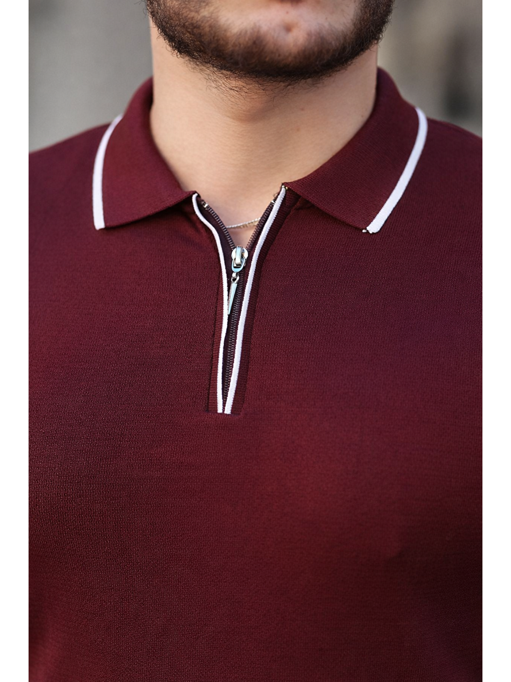 Bordo Fermuar Yaka Çizgi Detaylı Erkek Kazak-2