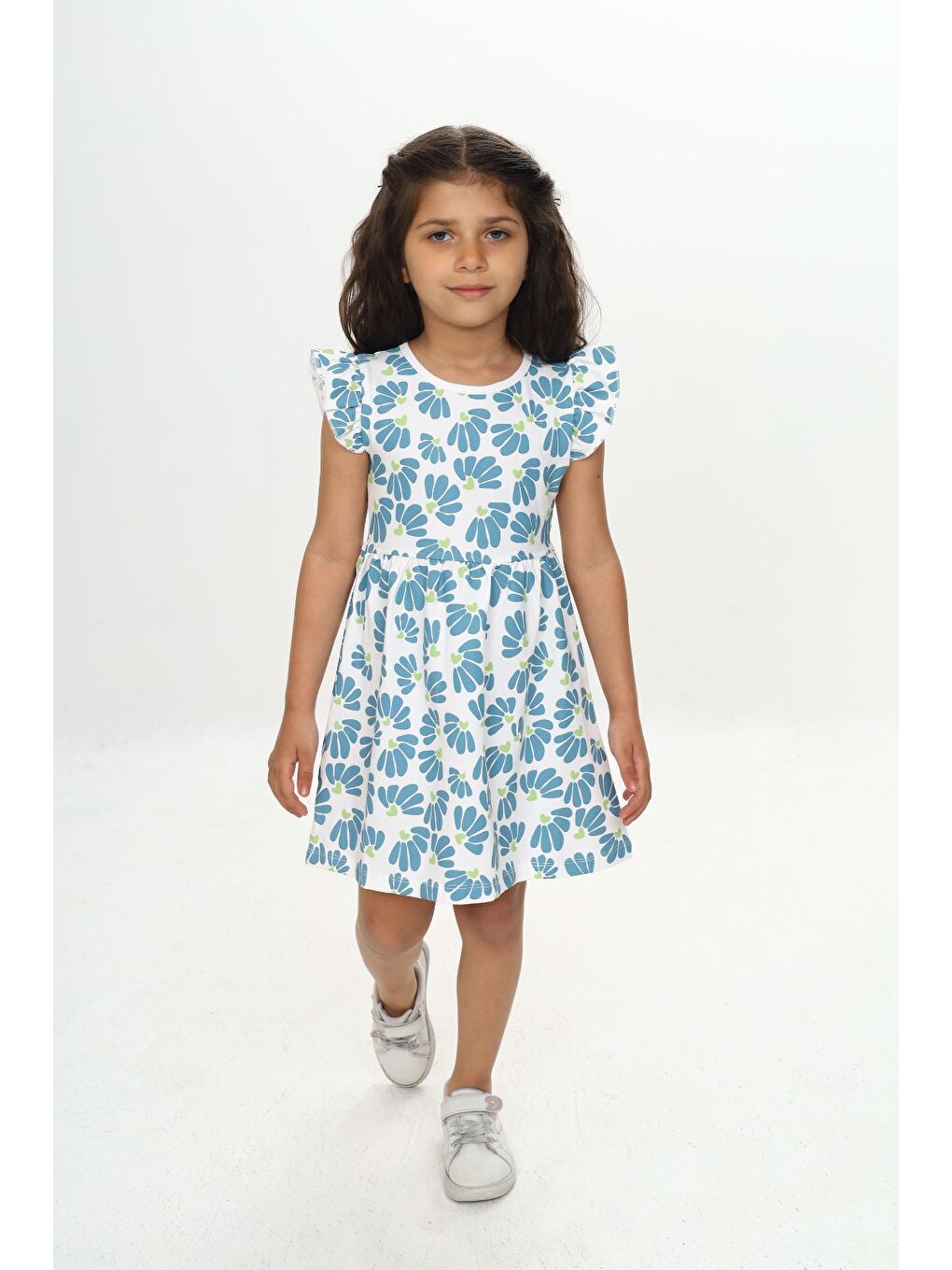 Mavi Kız Çocuk Çiçek Baskılı Elbise