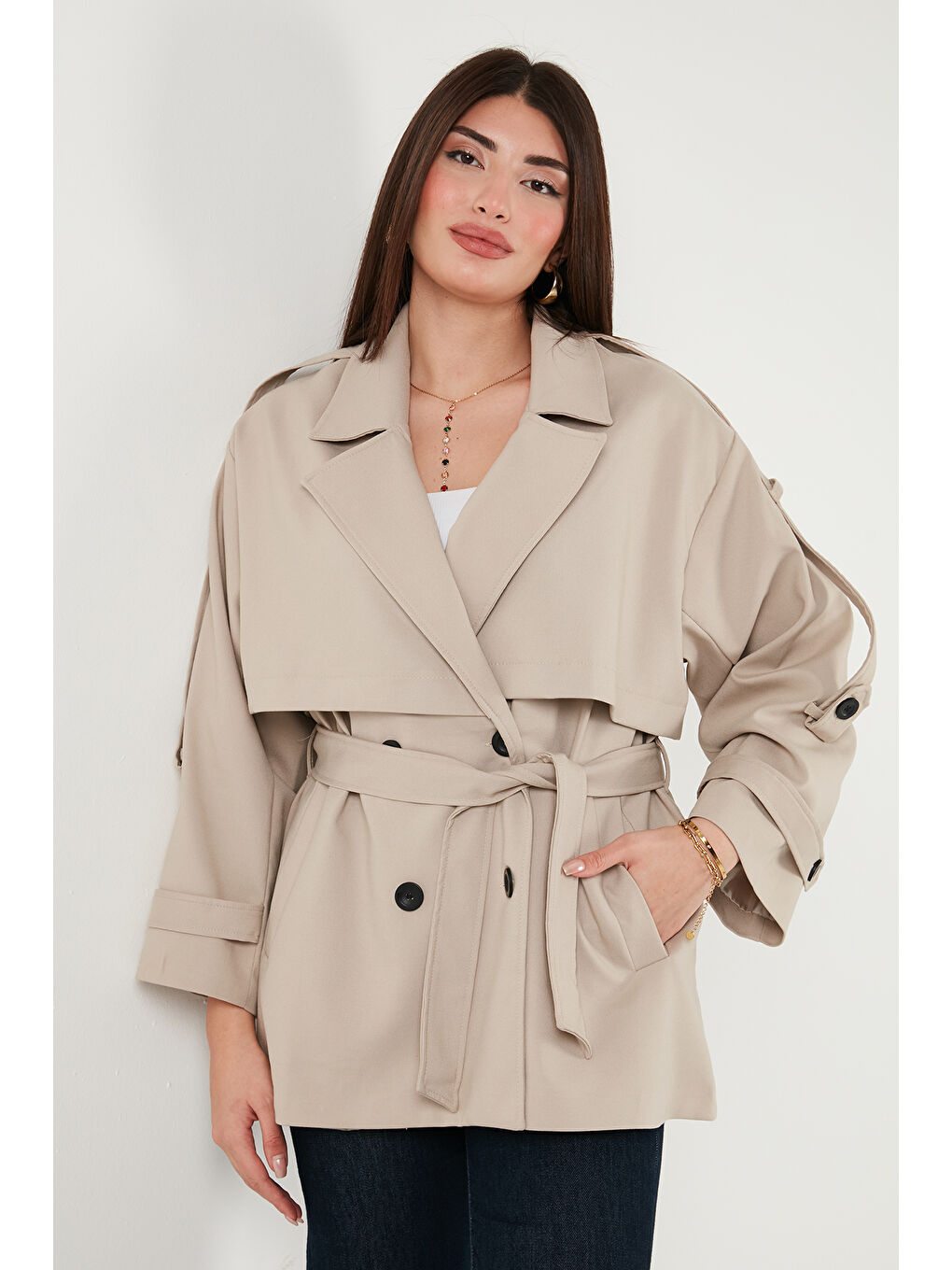 Bej Relaxed Fit Kruvaze Yaka Düğmeli Astarlı Trençkot 6839580