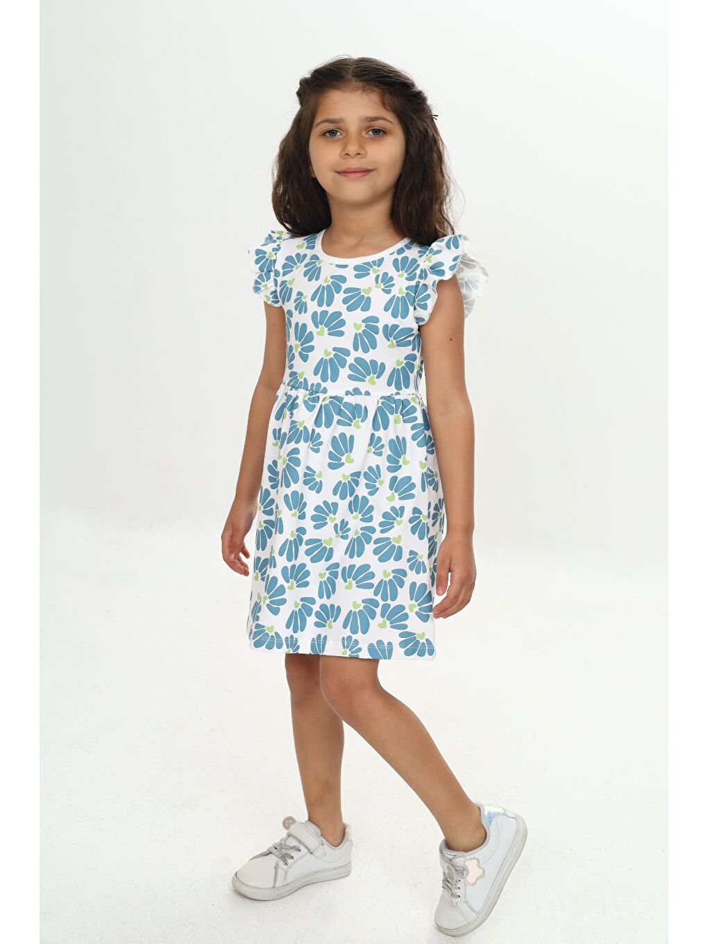 Mavi Kız Çocuk Çiçek Baskılı Elbise-1