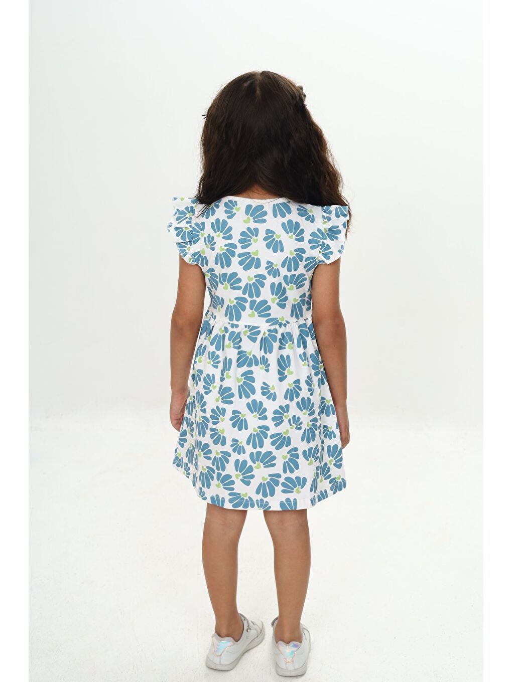Mavi Kız Çocuk Çiçek Baskılı Elbise-3