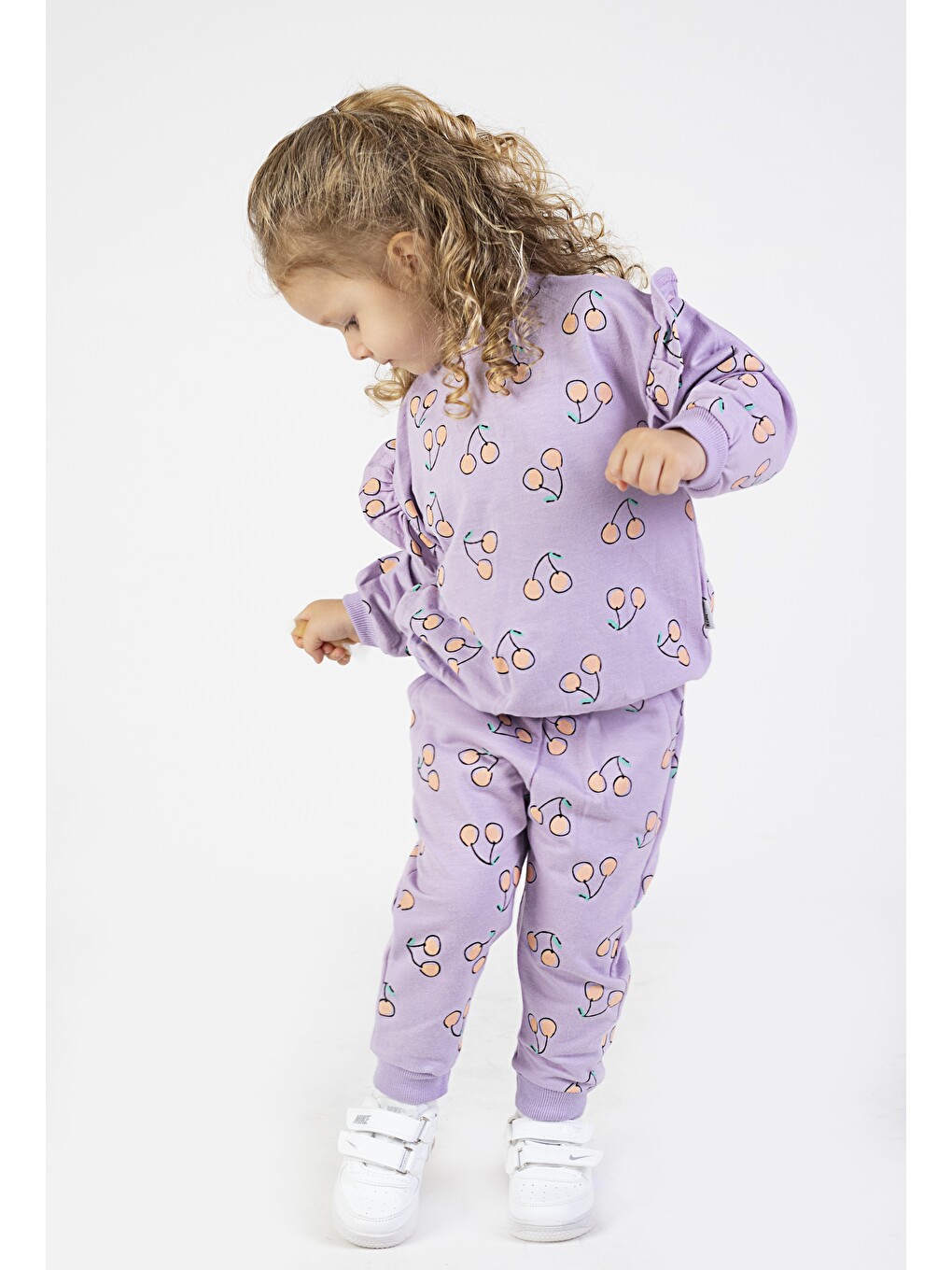 Lila Kız Bebek&çocuk İki İplik Kumaş Kiraz Desenli Orta Kalınlıkta Örme Basic Oversize Alt Üst Eşofman Ta-3