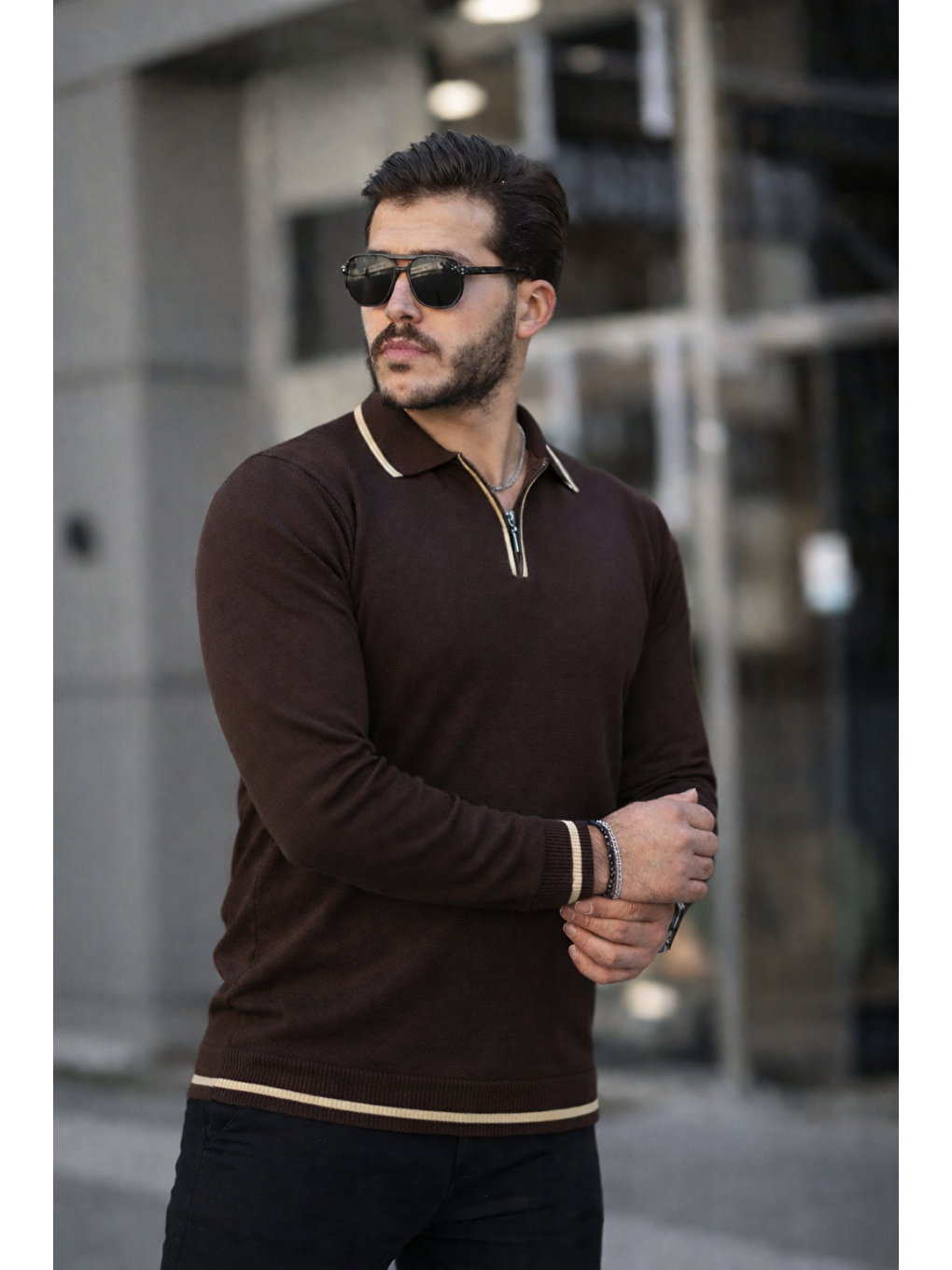Kahverengi Fermuar Yaka Çizgi Detaylı Erkek Kazak-2
