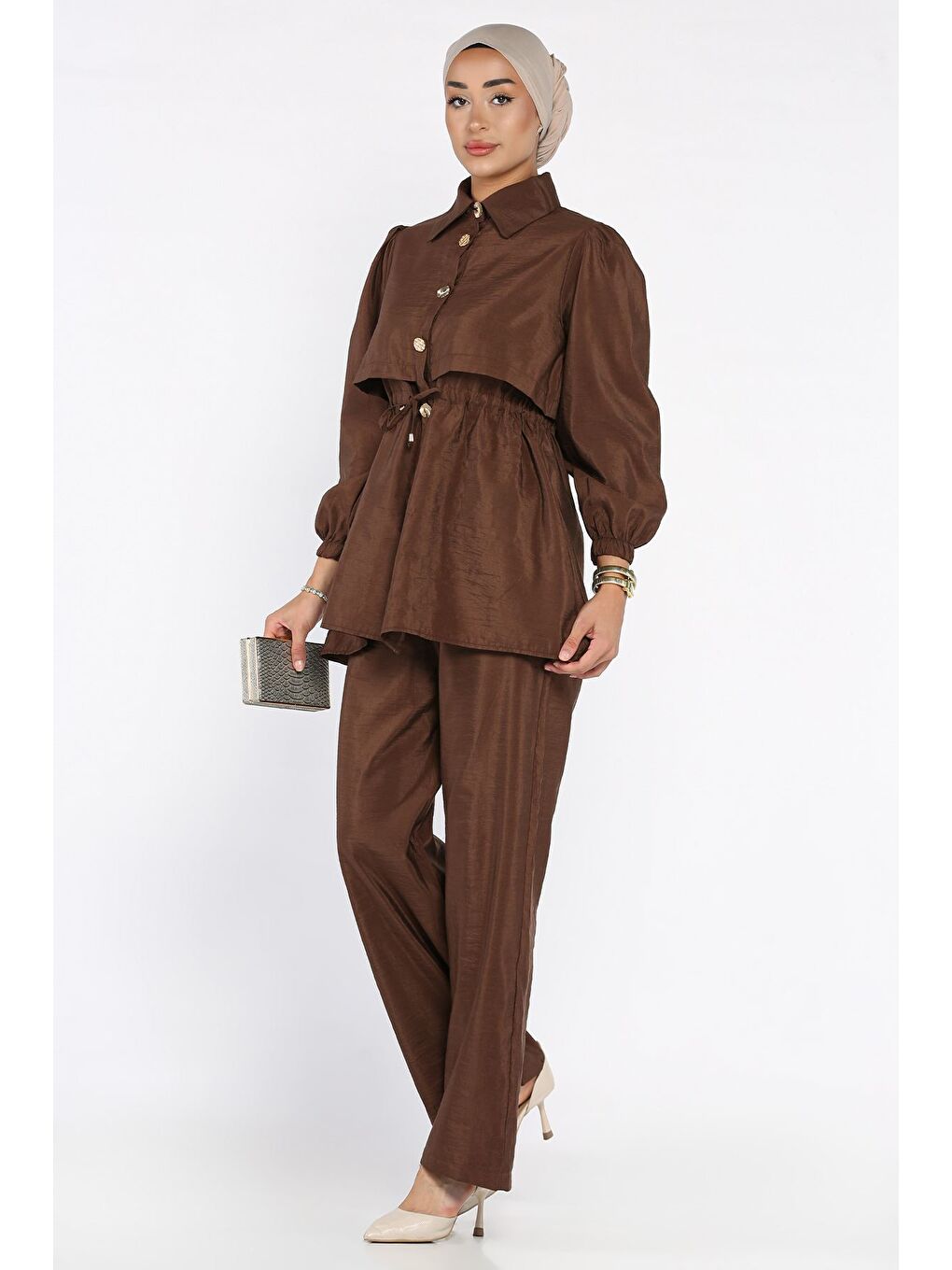 Kahverengi Kadın Gold Düğmeli Bel Bağlama Detaylı Tunik Pantolon Tesettür İkili Takım (s-m-l Beden Uyumludur.)-3