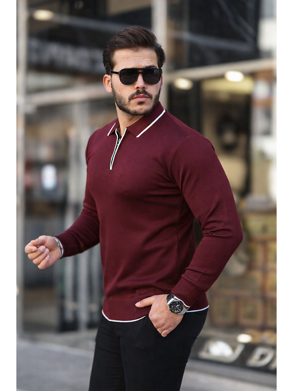 Bordo Fermuar Yaka Çizgi Detaylı Erkek Kazak-3