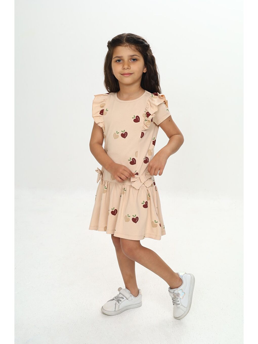 Bej Kız Çocuk Fiyonklu Kalp Baskılı Elbise-1