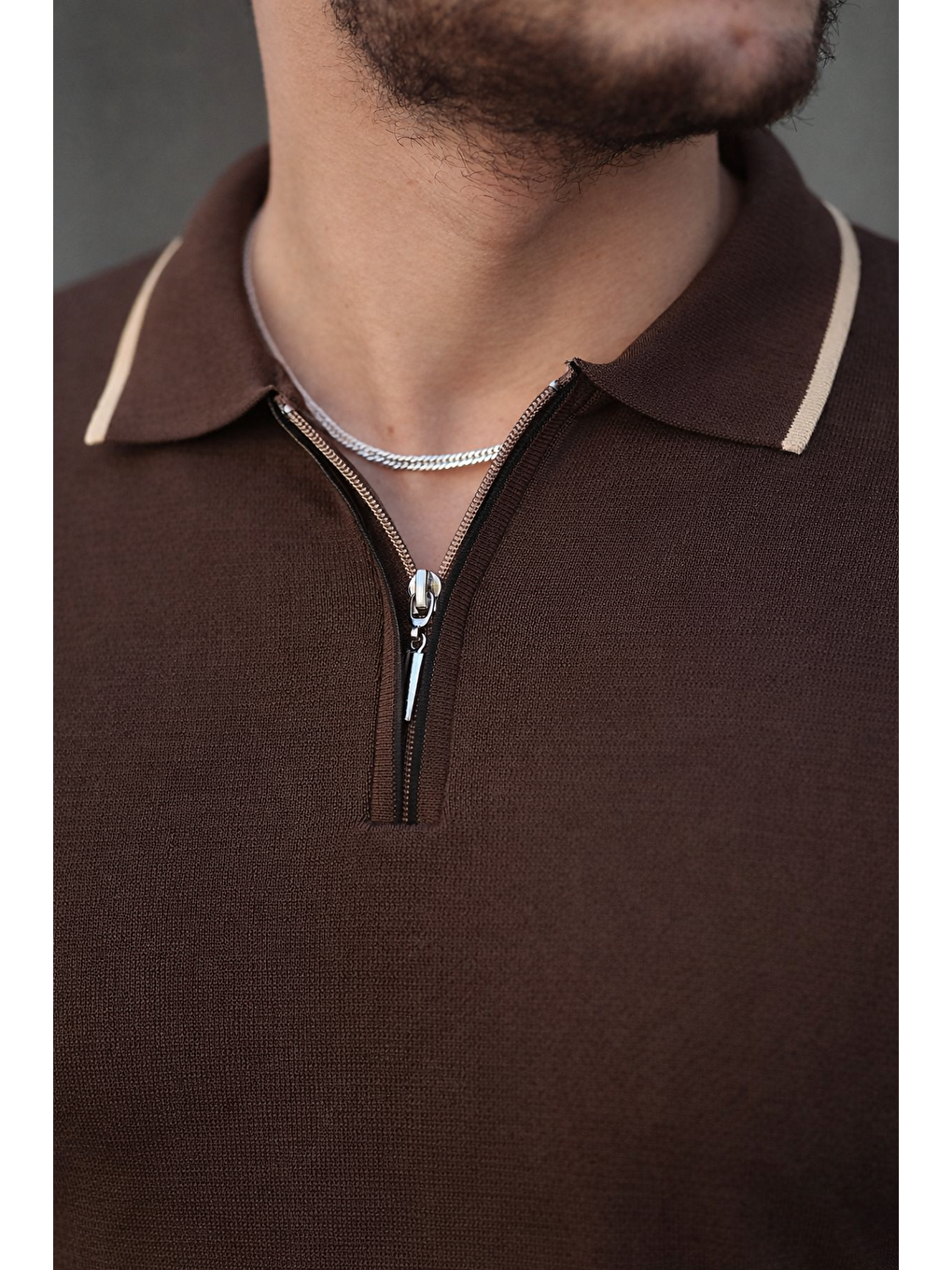 Kahverengi Fermuar Yaka Çizgi Detaylı Erkek Kazak-3